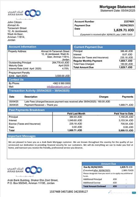Download Jordan Arab Bank mortgage statement Word and PDF template Photoshop template